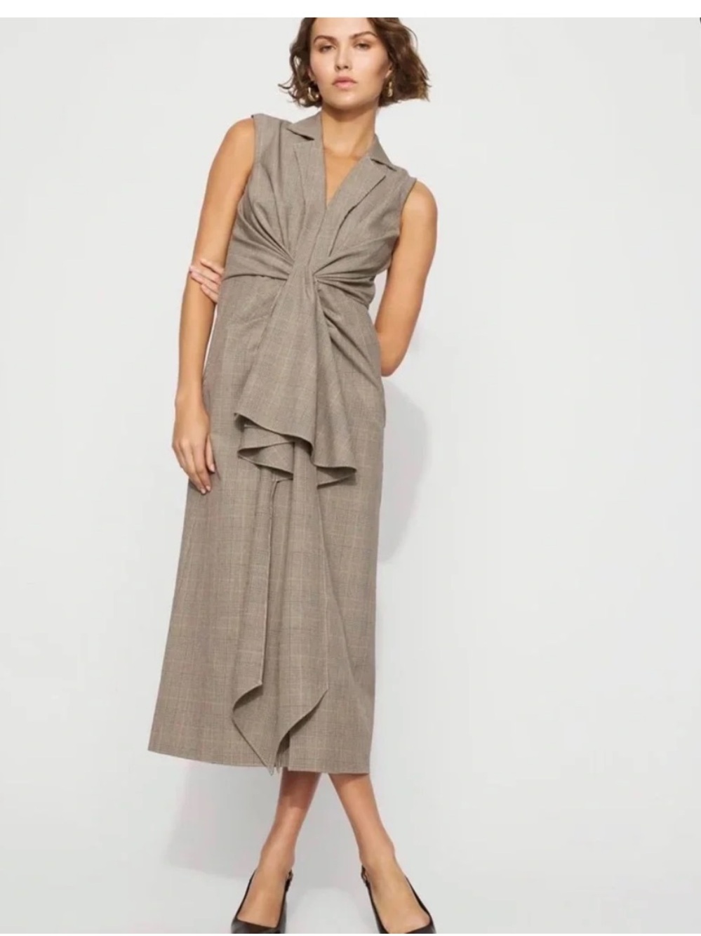 White House Black Market Taupe Plaid Sleeveless Tie-Front Midi Dress